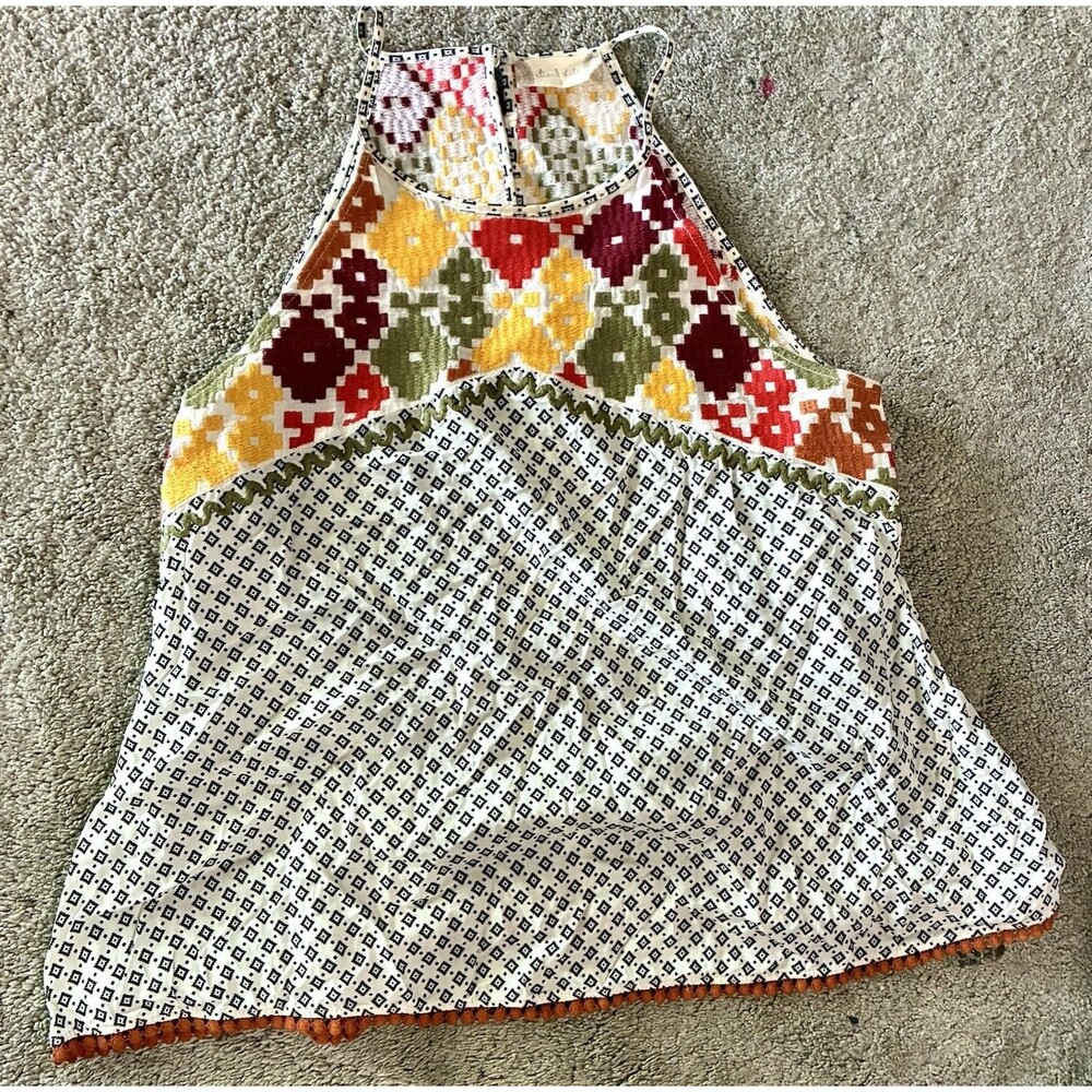 Altar’d State Mixed Print Embroidered Boho Swing Tank Top Pom Trim Festival Sz S